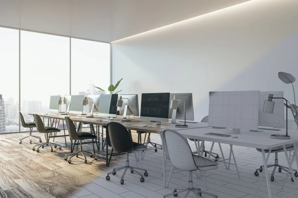 Clean half rendered coworking office interior project with computer monitors, window and city view and furniture. Designs concept. 3D Rendering