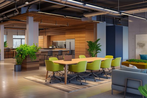 modern office meeting room with a large wooden table, green chairs, and a green living wall, surrounded by glass partitions and adjacent office spaces.